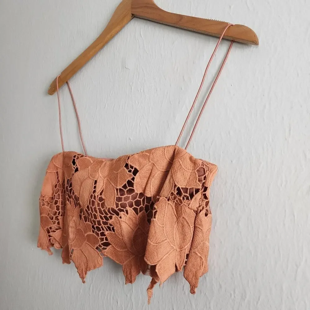 Rumer The Label Tropez Rust Orange Floral Lace Asymmetric Crop Top Medium NWT - Picture 10 of 13